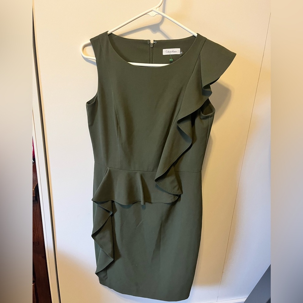 Calvin Klein Green Asymmetrical Ruffled Sheath Dress